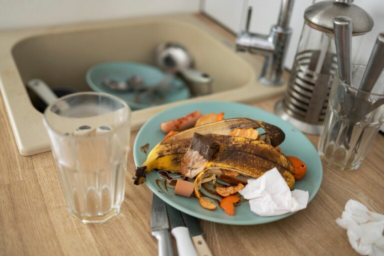 Food scraps on a plate beside a kitchen sink