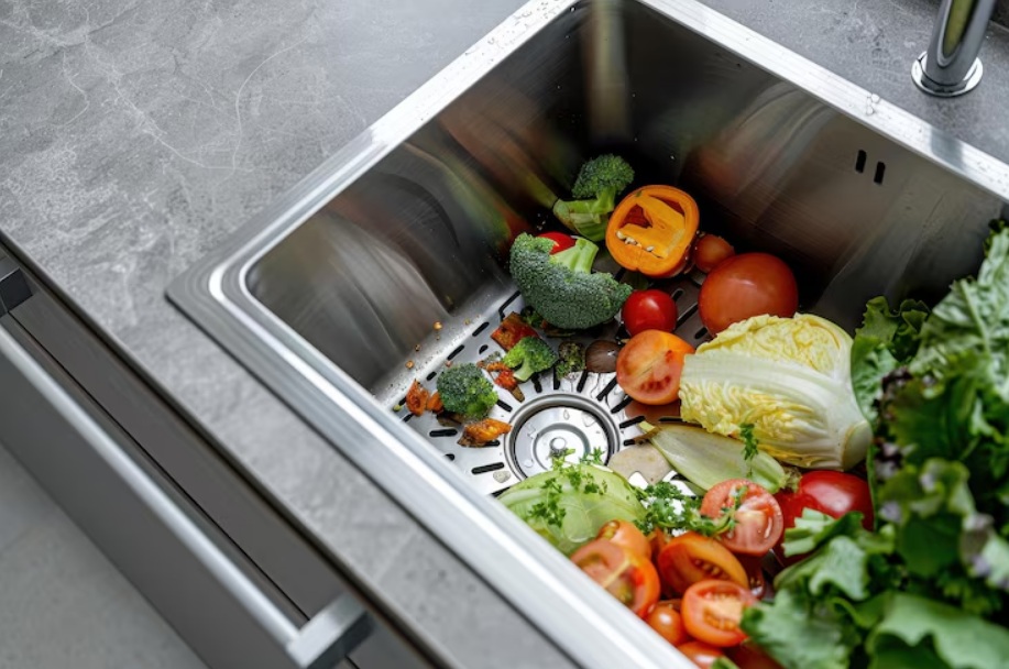 Food scraps around a kitchen sink garbage disposal opening