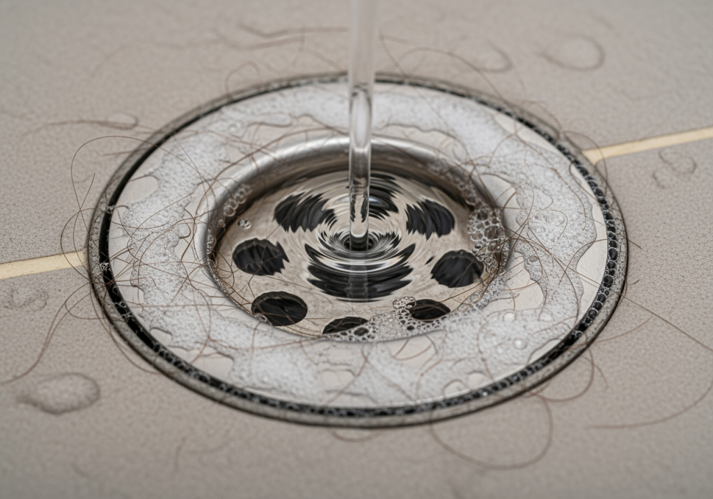 Clogged drain with hair buildup around the drain opening