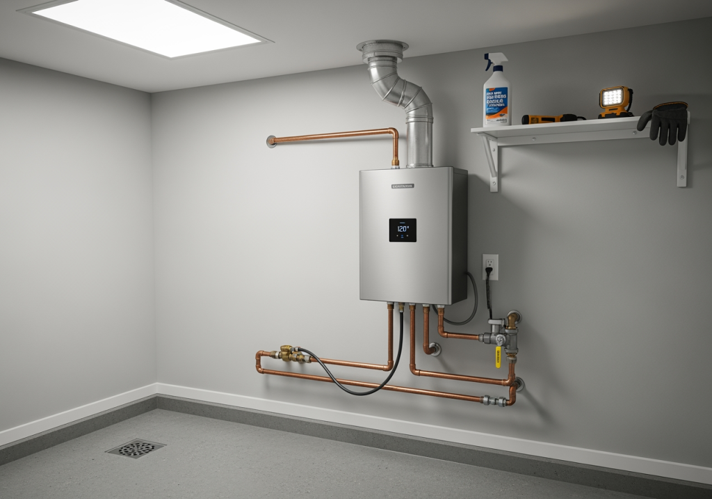 Modern wall-mounted tankless water heater with vent and plumbing connections