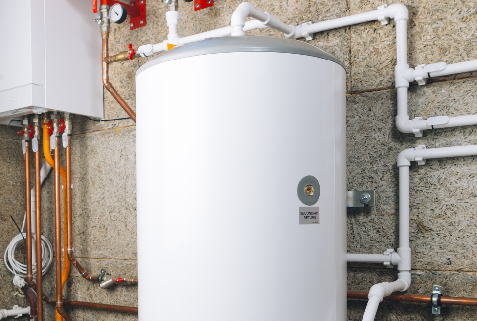 Storage water heater with plumbing connections and pressure gauge