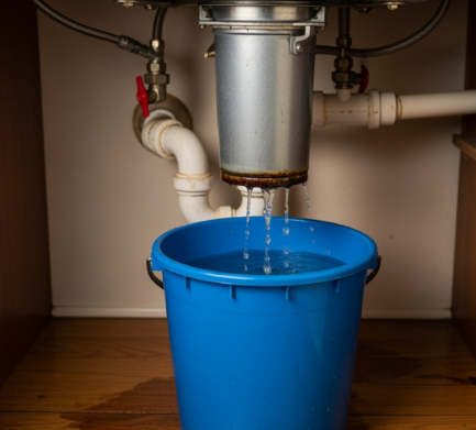 Leaking garbage disposal under a kitchen sink